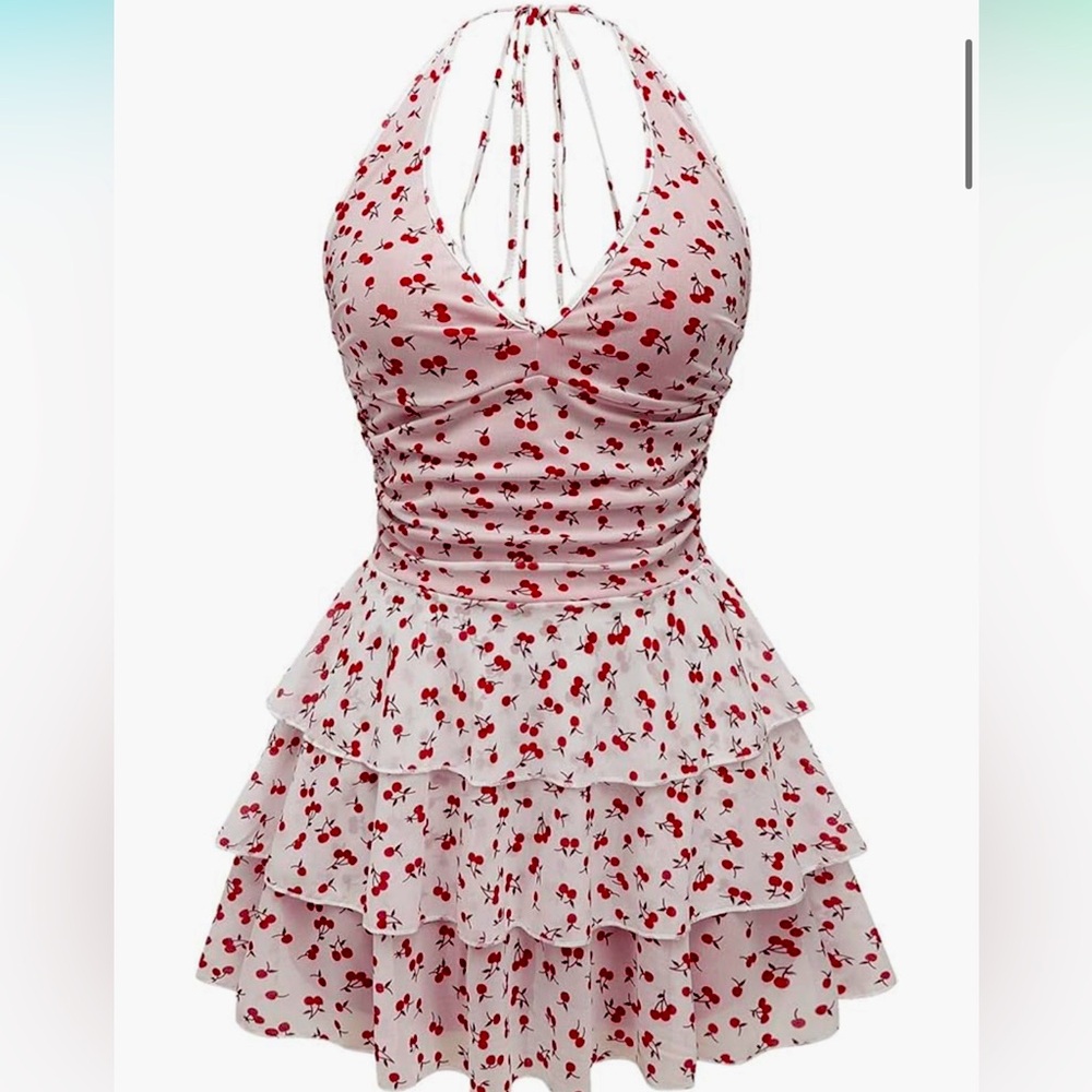 Women's Cherry Print Dress V Neck Halter Dress